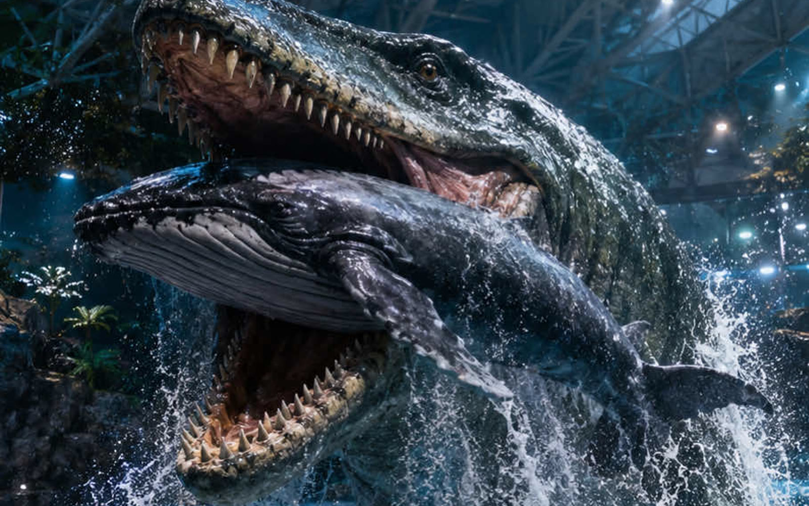 雨の古代生物水族館。モササウルスが水面を割る