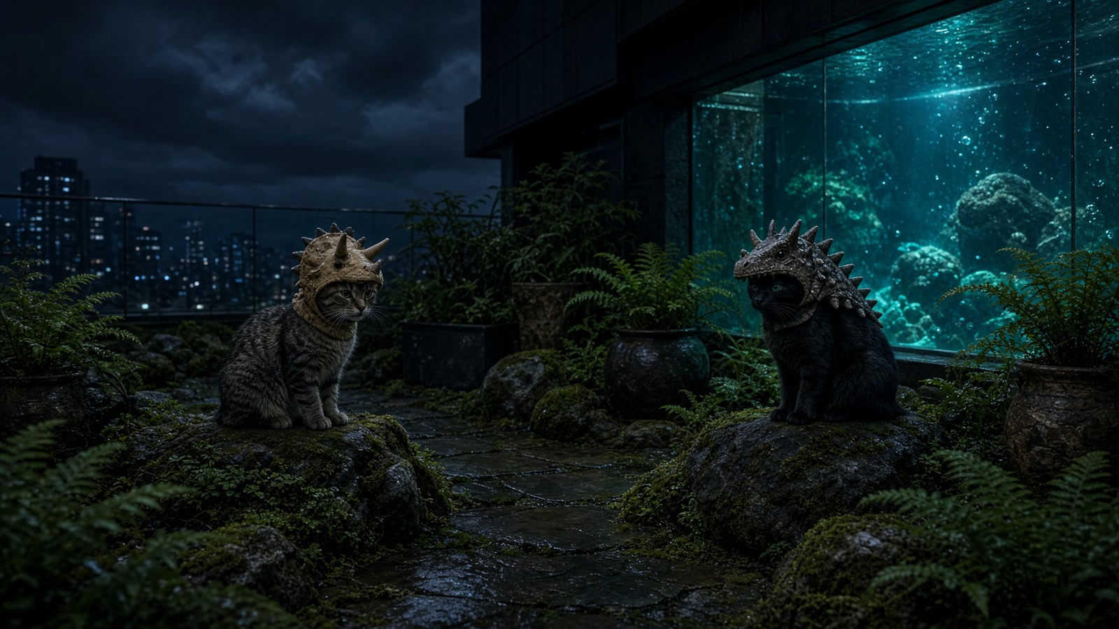 水族館の屋上中庭。古代生物の被り物をしたねこたちが石の上にいる
