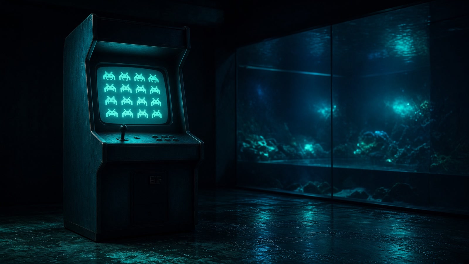 暗い水族館の片隅で碧く光るアーケード筐体