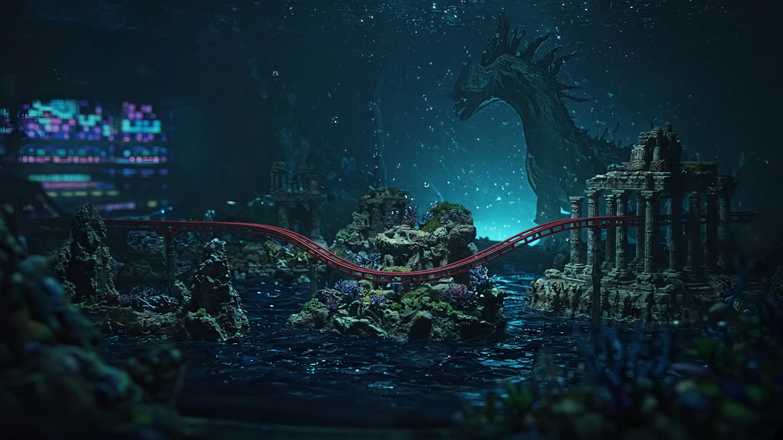 夜の古代生物水族館パーク。暗い水面の上を赤いレールが走る