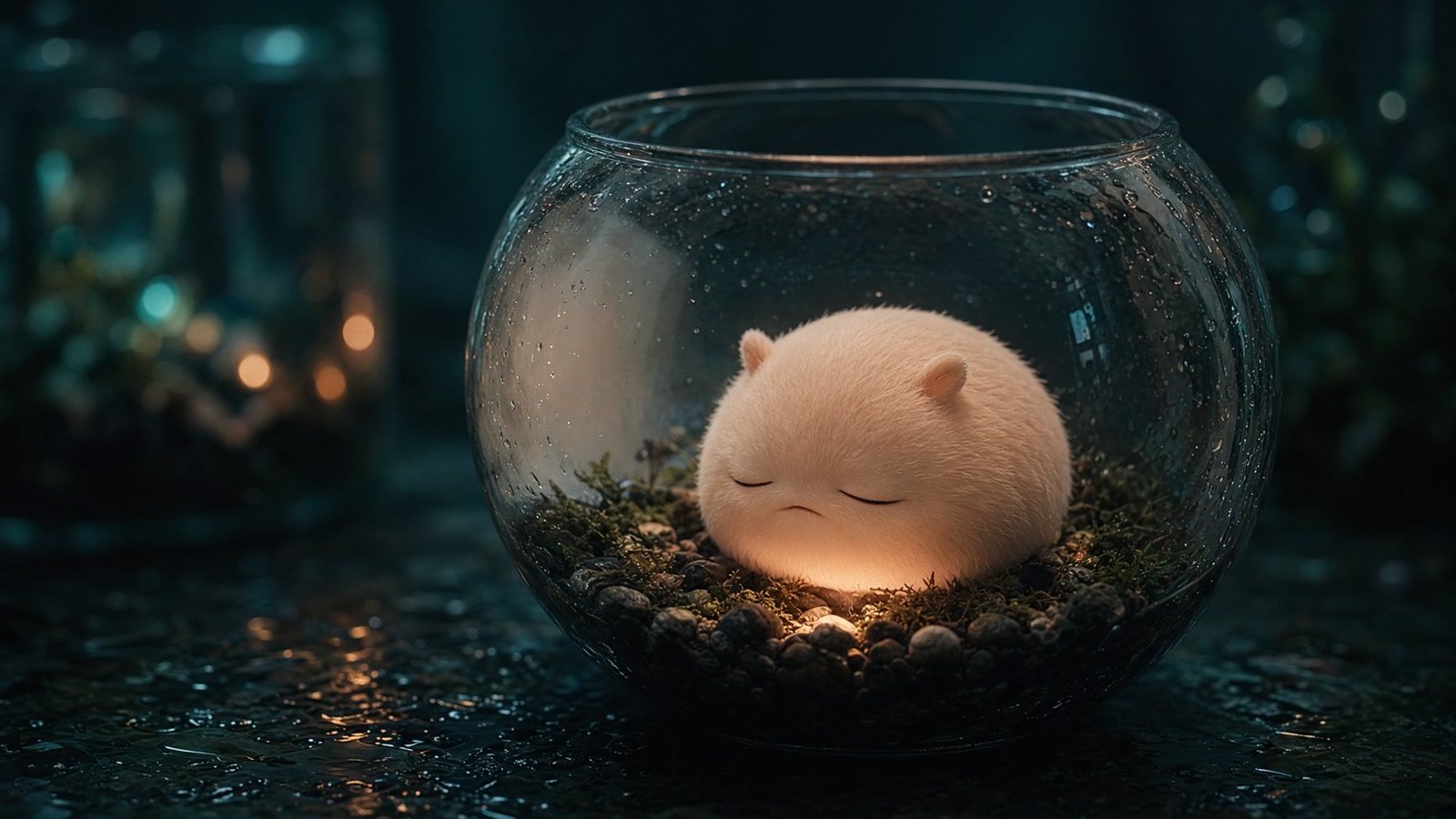 暗い水槽の中で、丸い生き物が温かく光っている